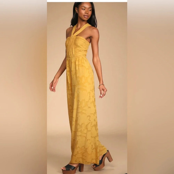 Lulus Pants - NWT Lulus Lovely Celebration Yellow Floral Burnout Chiffon Jumpsuit Size Large